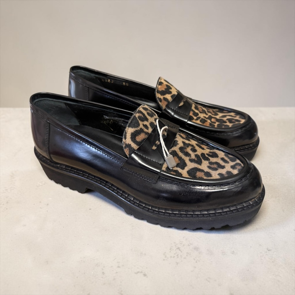 8 by Yoox Kids Leopard Calf Hair Leather Lug Sole Penny Loafers 35 3.5 Girls